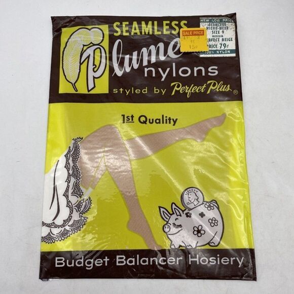Vintage Plume Nylons Pantyhose Seamless Size 9 Medium Perfect Beige NOS